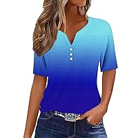Short Sleeve Button Down Tunic Shirts for Women Henley Neck Workout Tops Short Sleeve Gradient Color Summer Blouses