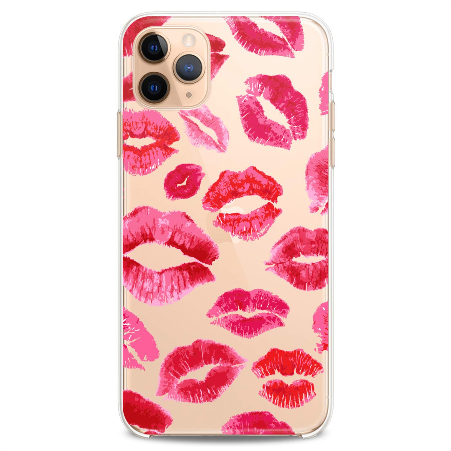 Cavka TPU Case Compatible with iPhone 15 14 13 12 11 Pro Max Plus Mini Xs Xr X 8+ 7 6 5 SE Red Kisses Flexible Silicone Clear Slim fit Female Design Cute Bright Big Lips Pink Print Girlish Lipstick