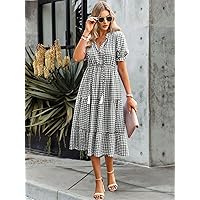 Dresses for Women Women's Dress Gingham Print Tie Front Puff Sleeve Ruffle Hem Dress Dresses (Color : Black and White, Size : Large)