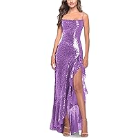 Mermaid Sequin Prom Dresses with Ruffle Slit Sparkly Spaghetti Straps Open Back Long Evening Formal Dress