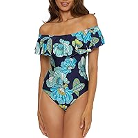 Trina Turk Women's Standard Pirouette Ruffle One Piece Swimsuit, Off Shoulder, Floral Print, Bathing Suits