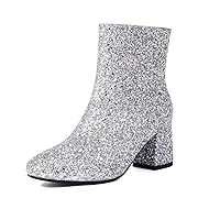 HIPPOSEUS Women's Sequins Ankle Boots Sparkly Wedding Party Dress Boots with Chunky Heel,Model DS