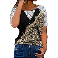 YZHM Leopard Print Tops for Women Lace Short Sleeve Shirts Loose Fit Tshirts Cute Summer Tees Basic T Shirts Fashion Blouses