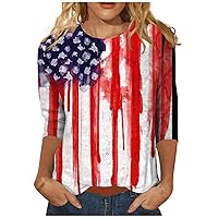 4Th of July Tops for Women 2024 Summer Funny American Flag Patriotic Stripe Print Round-Neck 3/4 Sleeve Shirt