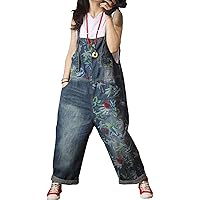 Flygo Women's Floral Printed Wide Leg Distressed Bib Denim Overalls Jumpsuits with Pockets (One Size, Style 07)