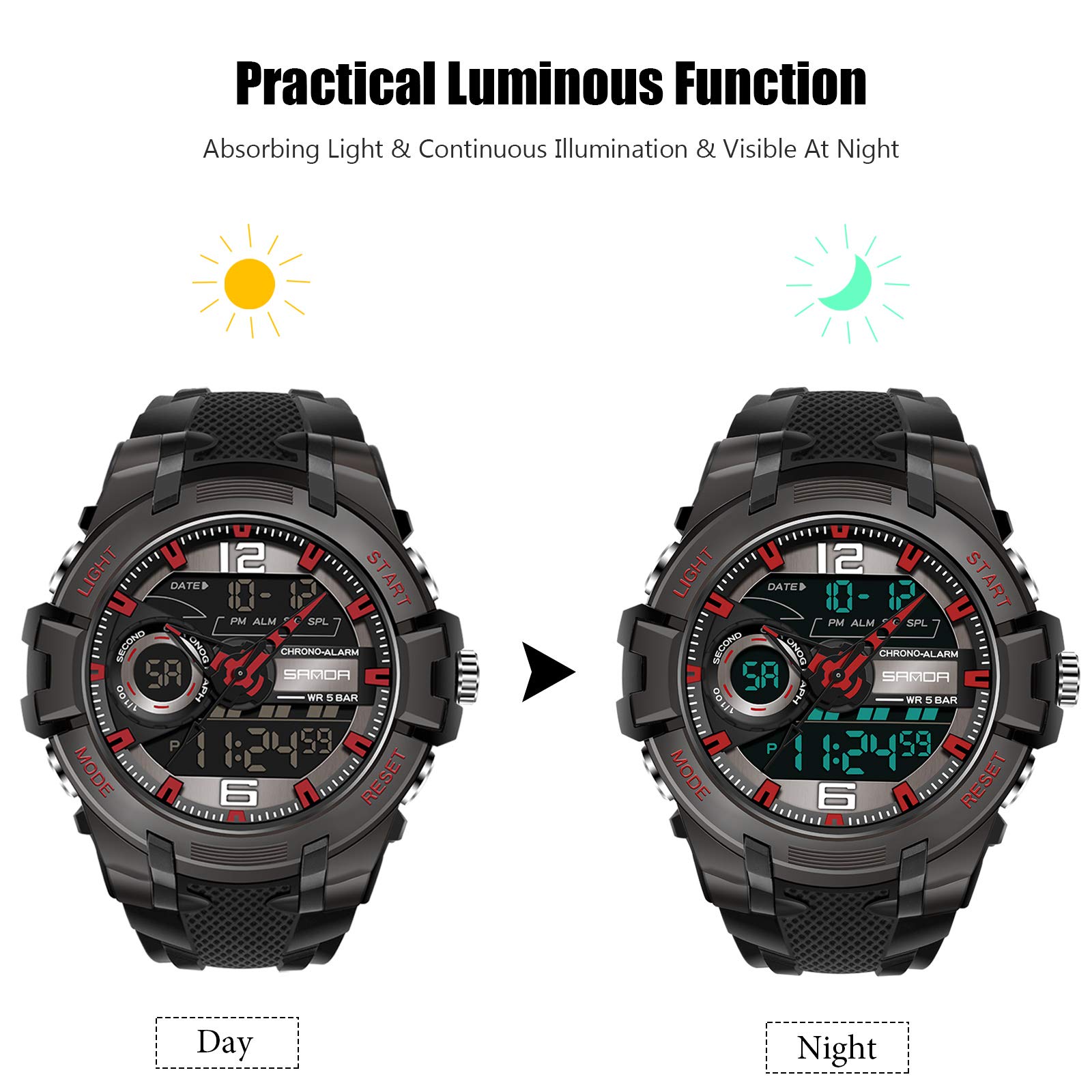 rorios Herren Uhren Analog-Digital Armbanduhren Wasserdicht Militär Sportuhr Multifunktions Uhr mit Alarm Timer Modisch Männer Uhren