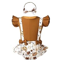 ACSUSS Toddler Baby Girls Ruffle Sleeve Ribbed Tops with Floral Print Suspender Tiered Skirt Style Shorts and Headband