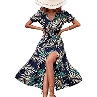 Women's Dress Tropical Print Puff Sleeve Split Thigh Ruffle Hem Dress Dresses for Women (Color : Multicolor, Size : Small)