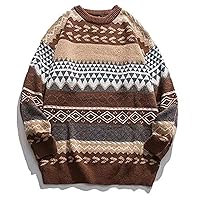 PEHMEA Men's Vintage Striped Sweater Oversized Crewneck Long Sleeve Knitted Pullover Jumper(Coffee-M)