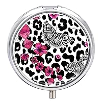 Round Pill Box Butterflies and Flowers on Leopard Spots Portable Pill Case Medicine Organizer Vitamin Holder Container with 3 Compartments