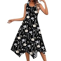 Womens Fashion Sleeveless Midi Dress 2024 Spring Summer Floral Print Boho High Low Dress Trendy Flowy Ruched Swing Dress