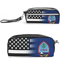Black And White USA Guam Flag PU Makeup Bag Portable Cosmetic Bag Pen Bag Pencil Case Travel Makeup Brush Holder Storage Pouch