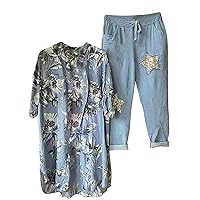 TUNUSKAT Womens Fall Two Piece Outfit 2022 Fashion Flower Print Long Sleeve Button Down Shirts With Long Pants Homewear Set