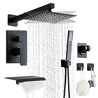 Matte Black Shower Faucet Set with Tub Spout 10 Inch, Shower Head and Handle with 2 Hooks, Tub and Shower Faucet Combo, Rain Shower and Handheld Shower System Square Wall Mount for Bathroom…
