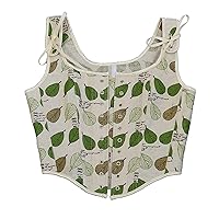Women Cotton Linen Retro Court Corset Tank Tops Summer Cute Leaves Lace-Up Front Push Up Strap Trendy Vest Bustiers