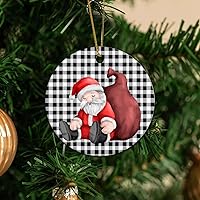 Personalized 3 Inch Merry Christmas Santa Claus with Gift Bag Black White Plaid White Ceramic Ornament Holiday Decoration Wedding Ornament Christmas Ornament Birthday for Home Wall