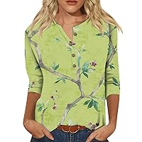Womens Tops, 3/4 Sleeve Shirts for Women Button Down Cute Print Graphic Tees Blouses Casual Basic Tops Pullover