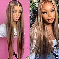 Honey Blonde Ombre Highlight color Straight Human Hair Wigs 180 Density#4T27 Wigs 13X6 HD Transparent Lace Front Wig Glueless Wig Brazilian Remy Human Hair With Baby Hair For Black Women