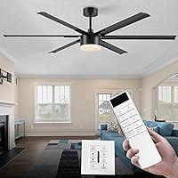 Ceiling Fan with Lights, 72” Black Large Ceiling fan with Remote and Wall Switch, Quiet Reversible DC Motor, 6 Blades, 3 light Colors Modern Industrial Ceiling fan for Indoor and Covered Outdoor