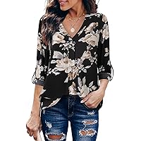 Youtalia Womens 3/4 Cuffed Sleeve Chiffon Printed V Neck Casual Blouse Shirt Tops