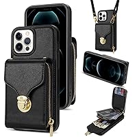 XYX Wallet Case for iPhone 13 Pro 6.1 Inch, PU Leather Zipper Handbag Purse Flip Case with Card Slots Holder Crossbody Adjustable Lanyard for iPhone 13 Pro, Black