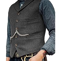 Mens Herringbone Tweed Suit Vest Lapel 5 Buttons Dress Waistcoat with 4 Pockets for Meeting Wedding Work