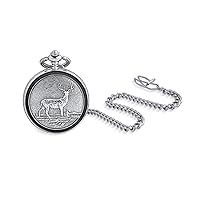 Bling Jewelry Personalize Two Tone Vintage Style Outdoors Mens Caribou Elk Deer Hunter Reindeer Pocket Watch for Men Numeral White Skeleton Dial Matte Gold Silver Plated Finish with Long Pocket Chain