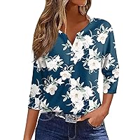 Tops for Women 3/4 Sleeve Summer 2024 Henley Neck Tee Cute Floral Print Shirts Casual Button Down V-Neck Blouses