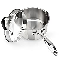 AVACRAFT Stainless Steel Saucepan with Glass Strainer Lid, Two Side Spouts for Easy Pour with Ergonomic Handle, Multipurpose Sauce Pot (Tri-Ply Capsule Bottom, 2.5 Quart)