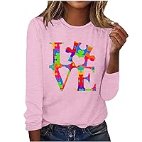 2024 Womens Love Letter Shirts Autism Awareness Tops Long Sleeve Puzzle Love Graphic Autism Support Tee Blouses