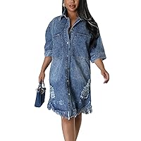 Women's Casual Tasseled Ripped Denim Dress Short Sleeve Button Up Loose Knee Length Jean Dress with Pockets