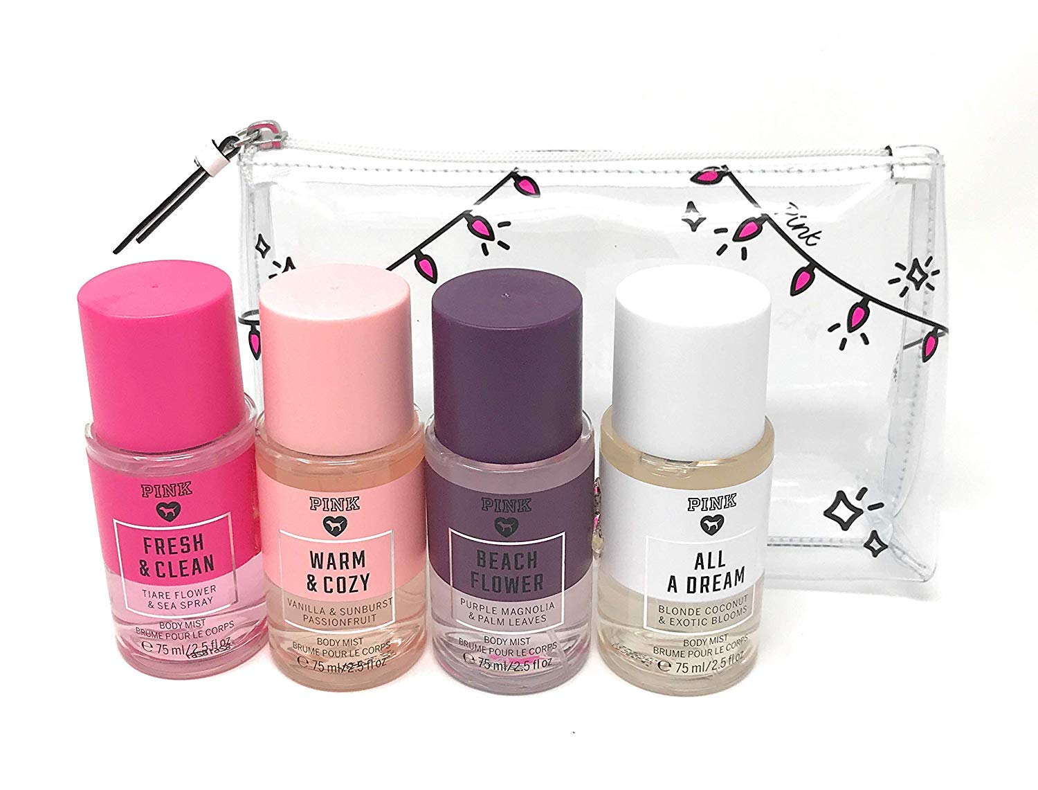 Victoria's Secret Pink Fragrance Mist Set Travel Size 4 Piece Fresh and Clean, Warm and Cozy, Beach Flower, All A Dream