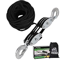 Heavy-Duty 2,000 LB Breaking Strength 50 FT Rope Hoist, Metal Wheels Bearing Structure, 1000 LB Work Load Block and Tackle Pulley System for Lifting Heavy Objects, with 2pcs Soft Loops
