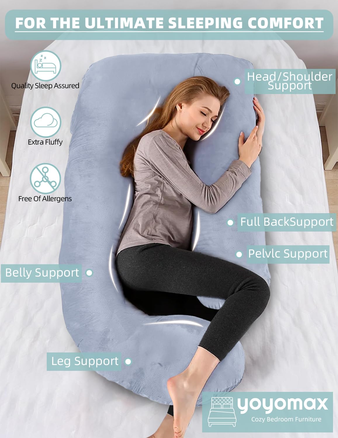 yoyomax Pregnancy Pillows, U Shaped Full Body Maternity Pillow Memory Foam Pregnancy Pillow with Removable Cover, 57 Inch Pregnancy Pillows for Sleeping (Grey)