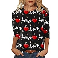 Valentine's Day Tops for Women 2023 Sexy Love Heart Print 3/4 Sleeve Shirt Crewneck Fashion Holiday Tee Blouses