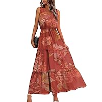 Maxi Dress for Women 2024 Summer Floral Print Fashion Pretty Flowy with Sleeveless V Neck Tunic Dresses