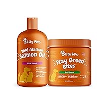 Pure Wild Alaskan Salmon Oil for Dogs & Cats - Omega 3 Skin & Coat Support + Stay Green Bites for Dogs - Grass Burn Soft Chews for Lawn Spots