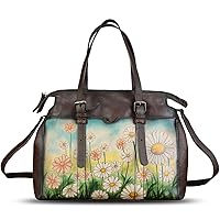 Genuine Leather Satchel for Women Hand Painted Pattern Handbag Top Handle Bags Handmade Crossbody Purse Work Tote