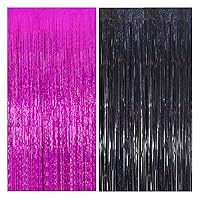 Glitter Foil Tassel Curtain, 3.28 ft x 6.56 ft Party Photo Backdrop Curtains for Birthday Anniversaty Party Photo Booth Background Decoration (Shiny Hot Pink Black, 2 Pieces)