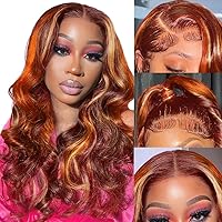 FTQZKEY Burgundy Highlight Wig Human Hair 13X4 Ginger Blonde HD Lace Front Wigs Human Hair Pre Plucked with Baby Hair 180% Density Ombre Highlights Wig Body Wave Lace Front Wig 20Inch