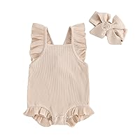 Infant Baby Girl Summer Clothes Flying Sleeve Solid Color Ruffle Romper with Headband Bodysuit Outfits