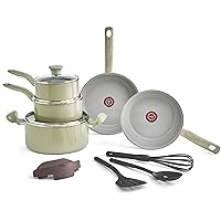 T-fal Recycled Ceramic Nonstick Cookware Set 12 Piece, Oven Safe 350F, Pots and Pans, Fry Pan, Kitchen tools, Green