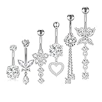 Surgical Stainless Steel Dangle Belly Button Rings for Women Dangling Navel Piercing Jewelry with Heart Flower Butterfly Silver 14G Curved Belly Ring