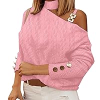 Hot Pink Womens Blouses and Tops Dressy Women's Fashion Sexy Chain Button Ornament Off The Shoulder Hanging Ne
