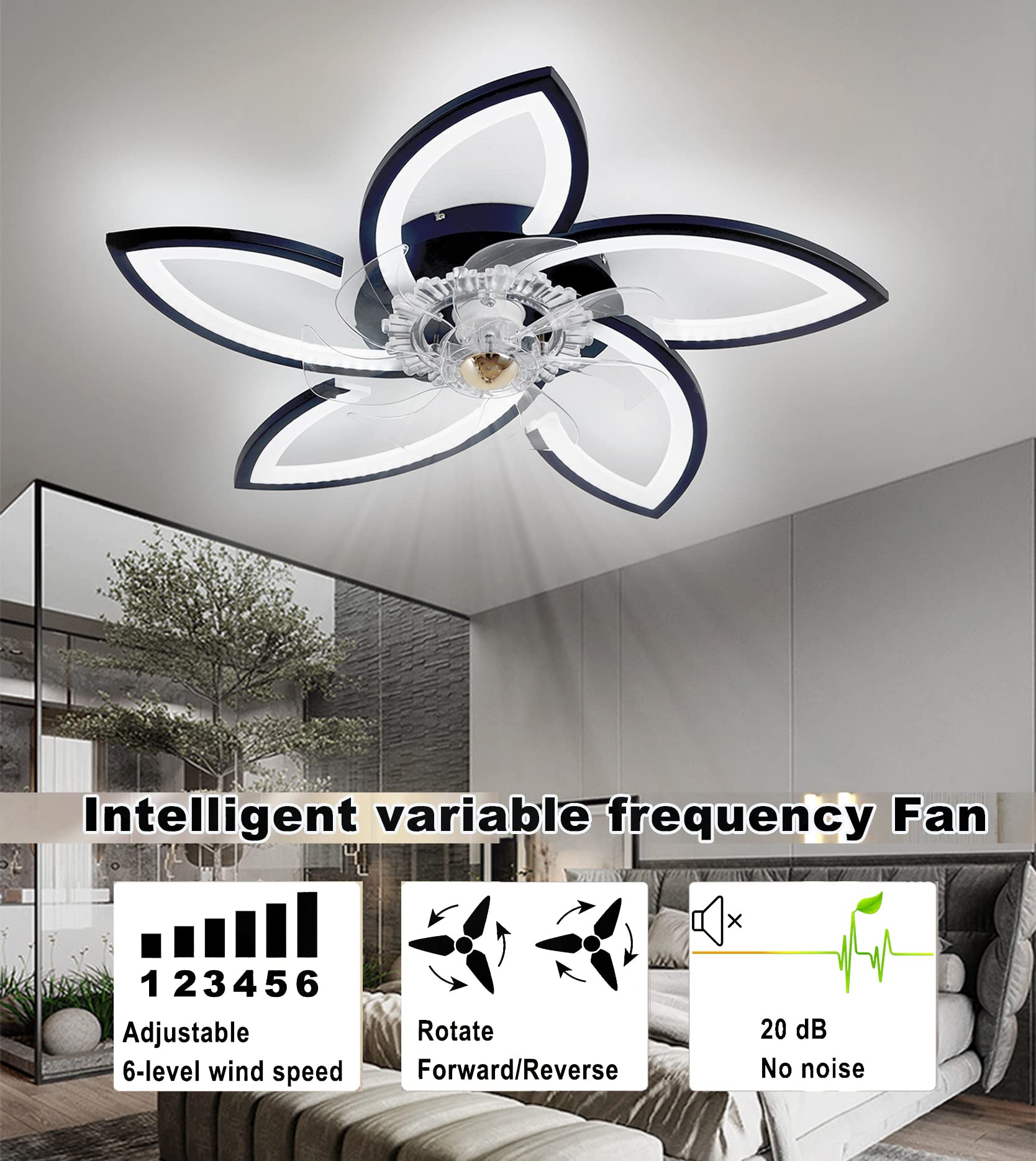 Leise Deckenventilator mit Beleuchtung, Schwarz Deckenleuchte Dimmbare mit Ventilator Fernbedienung APP 3 Farbtemperatur 6-Speed Decken Ventilatorn für Schlafzimmer Wohnzimmer Esszimmer, 70cm