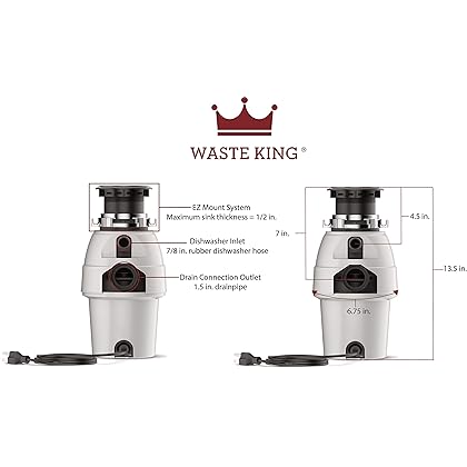 Waste King L-2600 Legend Series 1/2 HP Continuous Feed Garbage Disposal with Power Cord, Waste Disposer for Kitchen Sink
