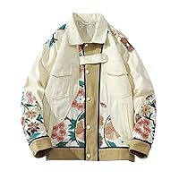 Autumn Flower Embroidery Jacket Men Baggy Coat Korean Streetwear Button Outerwear Clothing Tops Male