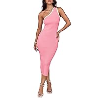 ZESICA Women's Summer One Shoulder Bodycon Midi Dresses 2024 Casual Sleeveless Ribbed Knit Side Slit Vacation Dress