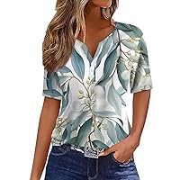 Dressy Tops for Women, Button Down Tunic Short Sleeve Floral Print Blouses Henley V Neck Summer Cute Clothes