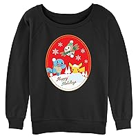Fifth Sun Women's Pokemon Holiday Badge Junior's Raglan Pullover with Coverstitch